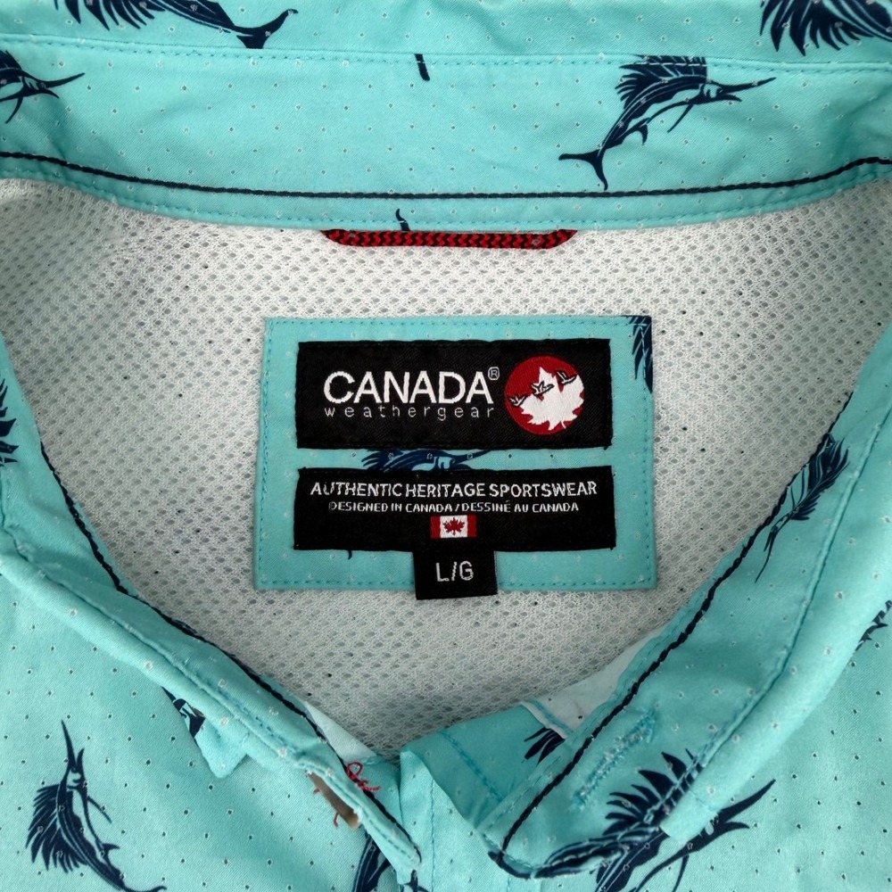 Canada Weathergear Mens Large Marlin Fish Print Button Down Shirt Aqua Turquoise - Picture 2 of 13
